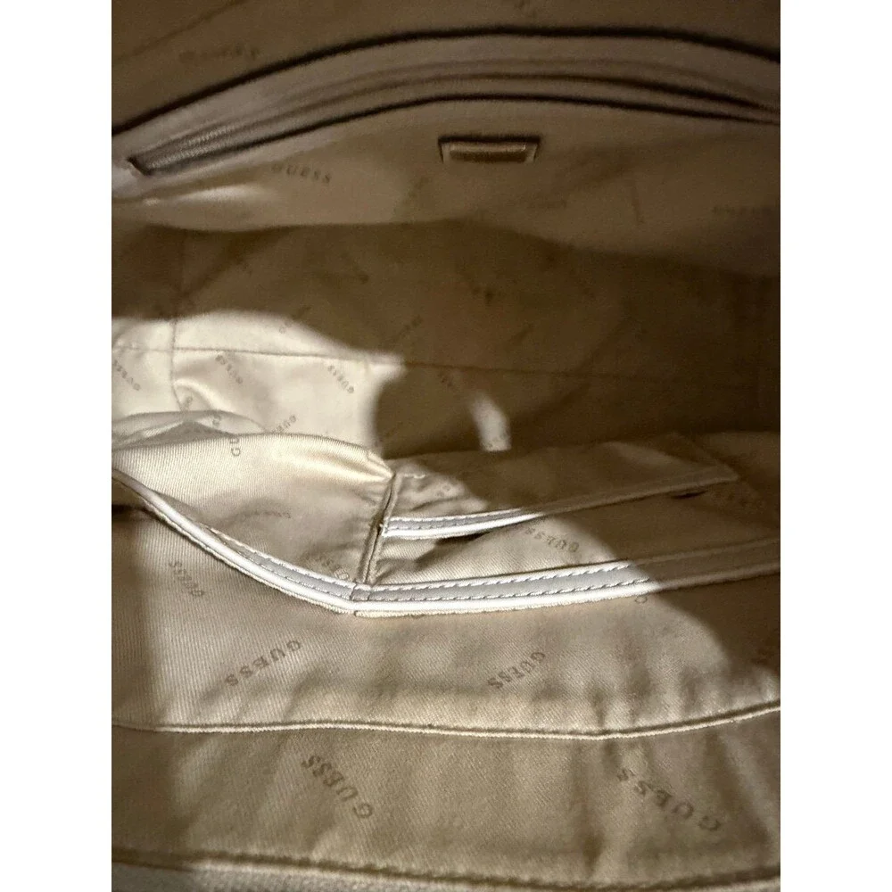 Guess Blush & Cream Colorblock Tote Bag Gold Logo Charm Pom Pom Large